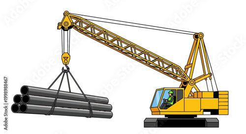Construction crane lifting pipes, heavy machinery, industrial site, engineering, building