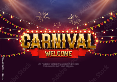 Carnival retro banner with fireworks and garland flags illuminated by spotlights. Vintage poster for carnival show, funfair festival or amusement entertainment event. Vector illustration.