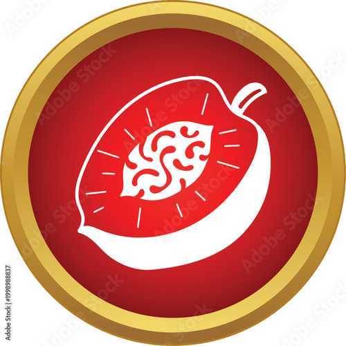 Plum fruit cut in half with a seed and pulp in a simple red and gold circular icon