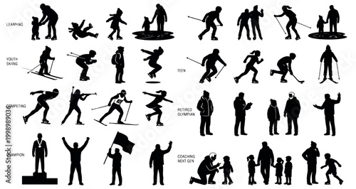 Legacy of Winter Champions Silhouettes Set Pack Editable Vector Stroke Illustration. featuring more silhouettes, winter, sports, skating, skiing, competition, athletics, coaching silhouettes.