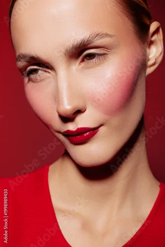 Obraz Close-up of a woman with red lipstick and pink blush on cheeks wearing a red top against a red background. Concept of beauty, makeup, fashion, and portrait photography.