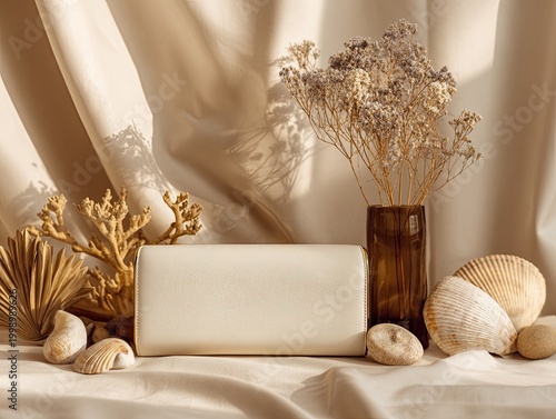 Still life with beige objects arranged.