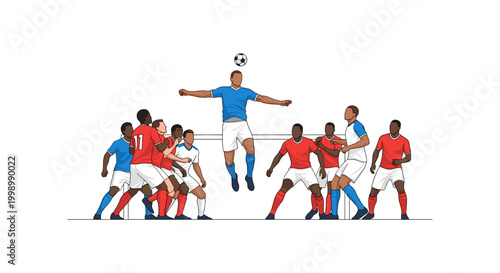 Soccer players battling for header in penalty area near goal frame featuring group of athletes in blue and red jerseys during intense match action scene for sports editorial and tournament campaigns.