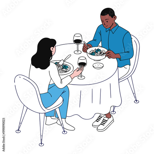 Couple Dining Together at Restaurant Table, Romantic Dinner Vector Illustration.