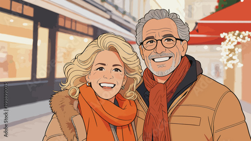 Happy Senior Couple Enjoying Winter City Holiday Stroll