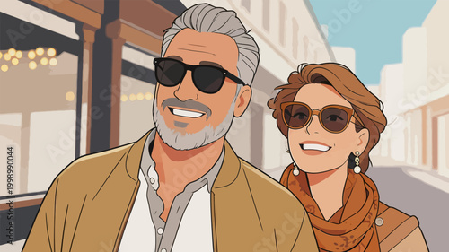 Stylish Mature Couple Walking Together on Downtown Street