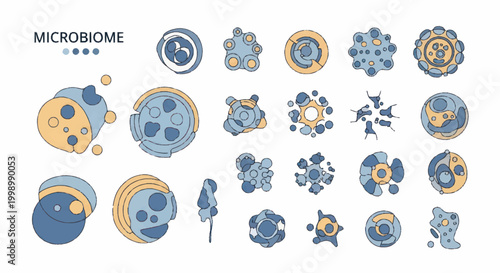 Microbiome illustration with various microorganisms and cells.