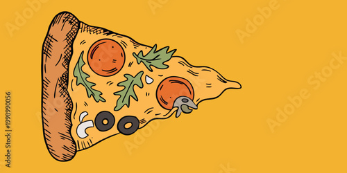 Cartoon Pizza Slice Side View with Pepperoni and Melted Cheese on Yellow Background – Fast Food Illustration.