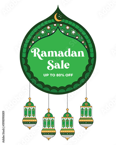 Ramadan Kareem Sale Banner, Islamic Festival Discount Design, Green Ornamental Frame with Lanterns, Up to 80% Off Promotion.