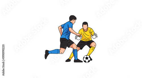 Goalkeeper defending goal box against forward player dribbling football in action packed match scenario showing tactical maneuver between offensive attacker and defensive goalie in professional game.