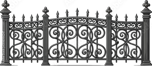 Detailed vector illustration of a decorative black metal fence featuring intricate scrollwork patterns and elegant vertical spikes designed for classic architectural boundary security