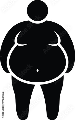 A simple black vector illustration of an overweight person standing icon symbolizing health challenges and body mass concerns