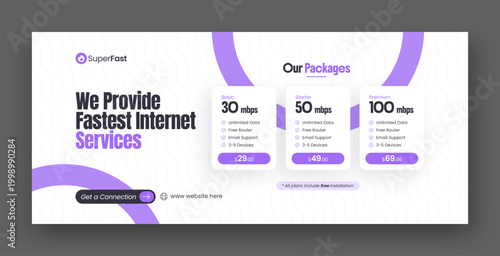 Broadband internet service social media facebook cover & web banner design template with modern pricing table