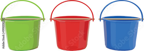 Colorful plastic buckets set green red and blue containers vector illustration household cleaning tools for water storage and utility design
