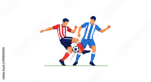 Soccer player in red and white striped jersey tackling opponent during football match on white background professional athlete competing for ball during dynamic team sport event vector illustration.