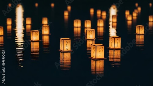 Floating lanterns illuminated on dark water at night  