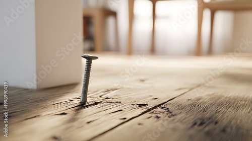 Worn wooden floorboards reveal aged texture a single nail evokes quiet introspection within a serene room