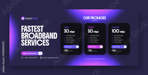 Broadband internet service social media facebook cover & web banner design template with modern pricing table