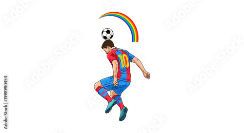 Soccer player juggling football with head wearing number ten jersey under rainbow arc vector illustration professional athlete performing freestyle tricks isolated on white background art design.