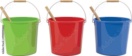 Colorful plastic buckets with handles and sticks vector illustration household cleaning containers set for home utility and maintenance design