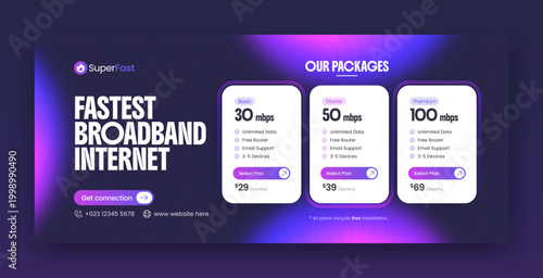 Broadband internet service social media facebook cover & web banner design template with modern pricing table