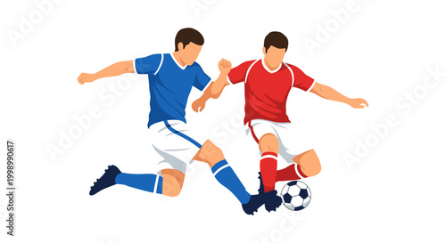 Football players in action vector illustration, two male soccer players in blue and red uniforms battling for ball on field, dynamic pose in professional match.