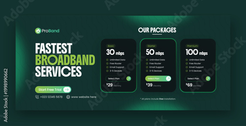 Broadband internet service social media facebook cover & web banner design template with modern pricing table