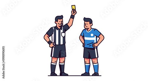 Soccer referee shows yellow card to player vector illustration, a football referee displaying a yellow card to a player during a match, signaling a foul.