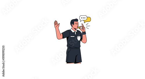 Professional football referee blowing whistle and raising hand to signal foul vector illustration of official in black uniform making decision during soccer match with speech bubbles decoration.