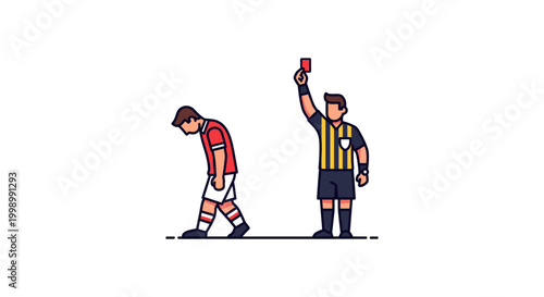 Soccer referee showing red card to disappointed player walking off field vector illustration of official sending off athlete for penalty during football match competition on stadium ground.