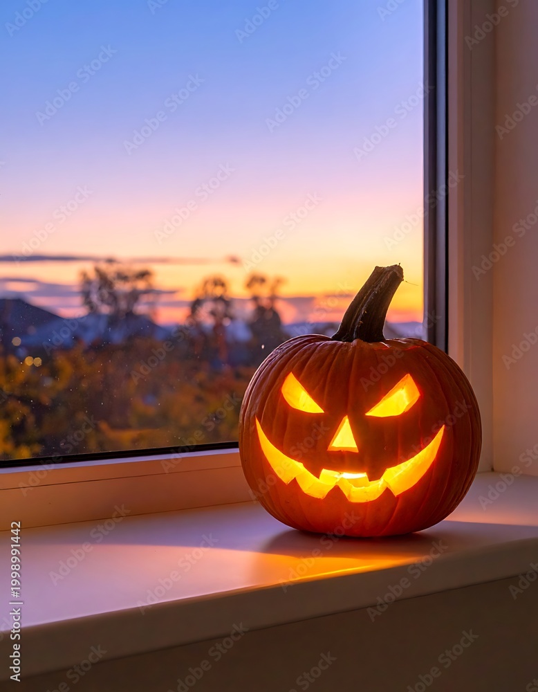 Fototapeta premium Glowing jack o lantern on windowsill.