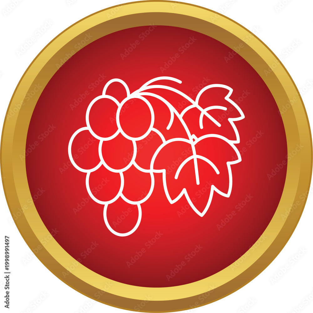 Obraz premium Grapes with leaves vector icon in red circle with gold border