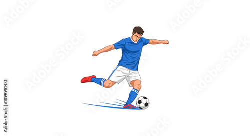 Dynamic soccer player in blue uniform powerfully kicks football, creating streaking motion effect on white background.