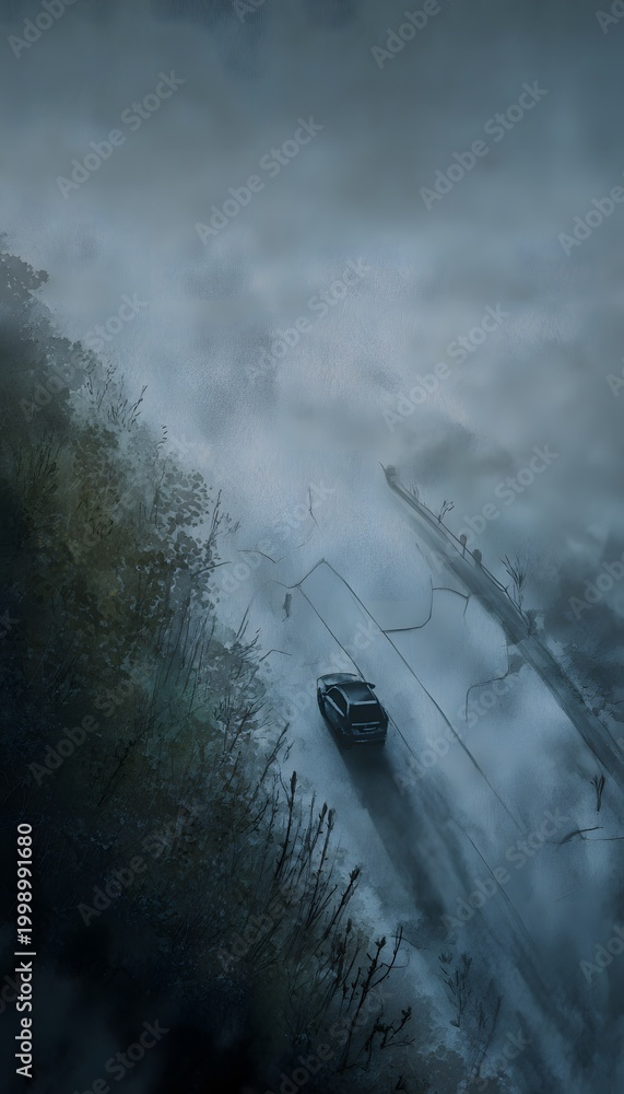 Fototapeta premium Foggy Roadside Scene Watercolor Illustration Evokes Caution and Cinematic Environmental Storytelling