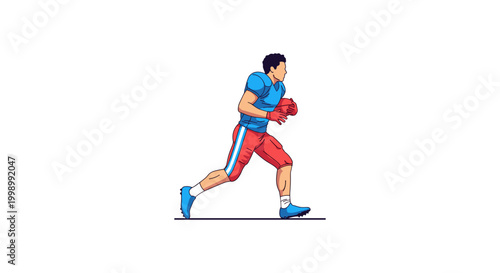 Dynamic male American football player in blue and red uniform runs with football, illustration of athlete in action during sports game, energetic movement.