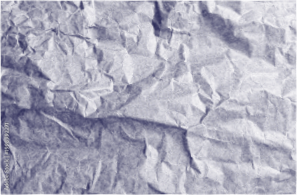 Fototapeta premium Duotone grunge effect urban, halftone overlay. Crumpled grunge background with dot pattern, creased effect. Crinkled old damaged paper for collage, scrapbook. Vector.