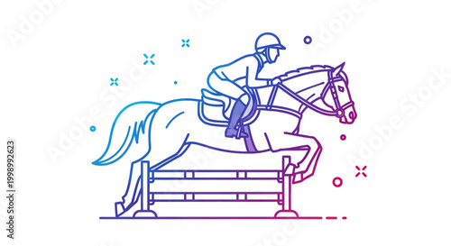 Equestrian Jumping Horse Rider Over Obstacle, Dynamic Sports Illustration
