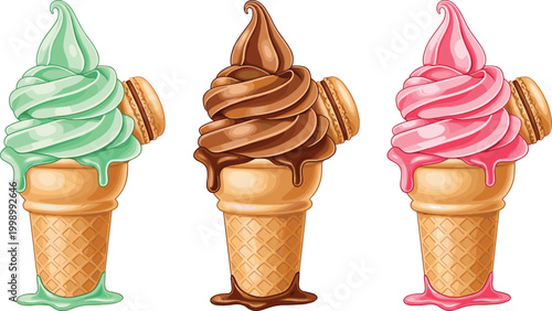 Colorful soft serve ice cream cones with dripping topping vector illustration sweet dessert food collection for summer treats design
