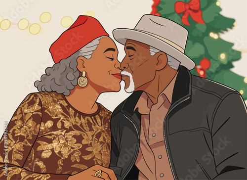 Sweet Senior Black Couple Sharing Christmas Nose Kiss