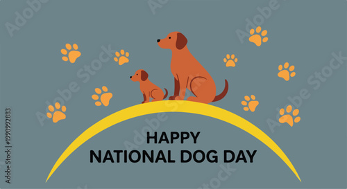 Celebrating National Dog Day with a happy dog sitting among paw prints and flowers in a cheerful outdoor setting