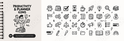 Hand drawn productivity and time management doodle icons with multitasking businessman character
