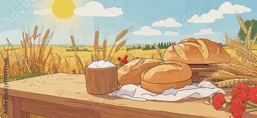 Sunny Wheat Field Harvest with Fresh Baked Bread and Flour