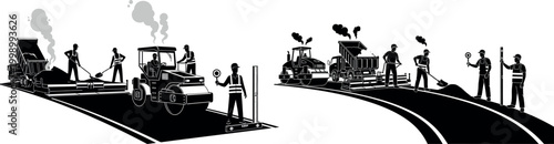 Silhouette workers paving road with steamroller machinery teamwork manual labor construction engineering asphalt pavement transport infrastructure project