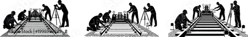 Silhouette workers laying railroad tracks with teamwork manual labor railway construction engineering transport infrastructure metal rails project
