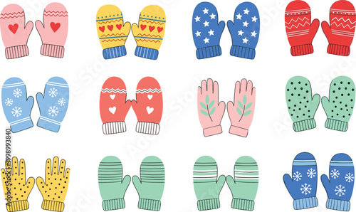 Colorful winter gloves and mittens collection cozy knitted handwear set vector illustration for cold weather fashion and seasonal design