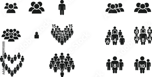 Minimalist silhouette icons illustrating groups, individuals, and heart formations, symbolizing unity, teamwork, population diversity, and social connection