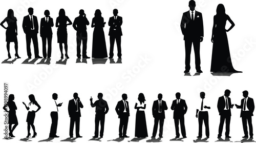 Professional business people silhouettes in formal attire standing together and interacting, representing teamwork, corporate communication, leadership, and collaboration concepts
