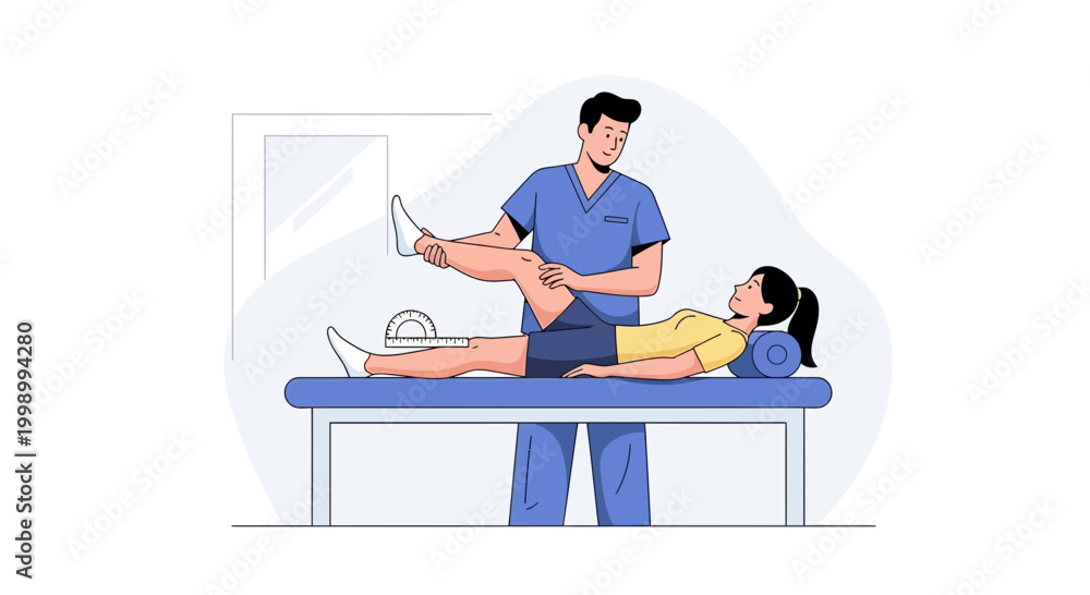 Fototapeta premium Physical therapist examining patient's leg flexibility on examination table
