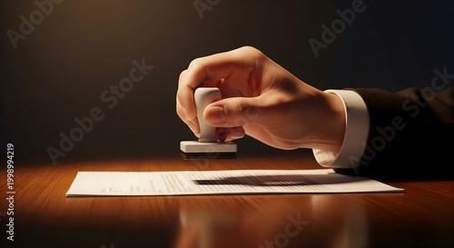 A person's hand in a formal suit jacket holds a rubber stamp, poised over a white document on a polished wooden desk, symbolizing official approval.