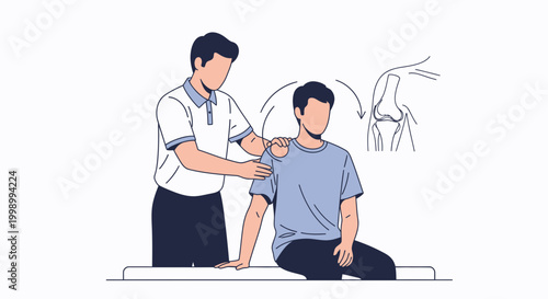 Physical therapist assisting patient with shoulder rehabilitation exercise, knee diagram